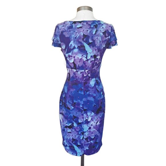 LAUREN Ralph Lauren Purple Blue Floral V-neck Jersey Dress Size 4 Flutter Sleeve - Picture 4 of 8